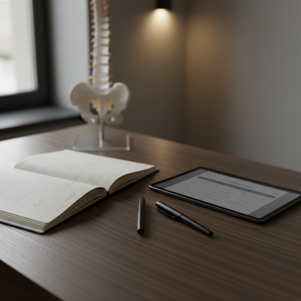 A close-up, detail-focused view of a naprapathy clinic’s consultation desk, without any people, showing a high-quality dark oak surface with a subtle satin finish. On the desk lies an open, well-designed appointment notebook in muted cream with fine gray lines, beside a sleek matte-black pen and a modern, slimline tablet displaying a blurred booking interface. In the background, out of focus, stands a translucent anatomical spine model in frosted acrylic. Soft overhead lighting and indirect wall lights create delicate reflections on the tabletop and tablet, producing a sophisticated, calm atmosphere. Captured from a slightly elevated angle with shallow depth of field, the composition follows the rule of thirds, highlighting the booking tools. The style is clean, contemporary, and photographic with a muted, elegant color palette.