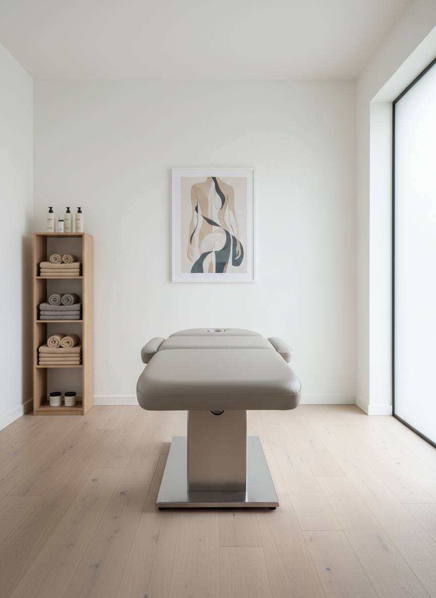 A meticulously arranged naprapathy treatment room without any people, featuring a premium light-gray treatment table with a matte, leather-like surface and minimalist metal base. The table stands centered on pale oak flooring, surrounded by clean white walls with a single muted abstract anatomical artwork in soft beige and slate tones. A slender shelving unit holds neatly folded towels in ivory and warm gray, alongside simple glass lotion bottles. Soft, diffused daylight enters through a large frosted window, creating gentle gradients of light and shadow. The mood is calm, exclusive, and clinical yet welcoming. Shot at eye level with a slightly wide angle, sharp focus throughout, and a refined, photographic realism that emphasizes minimalist elegance and muted colors.